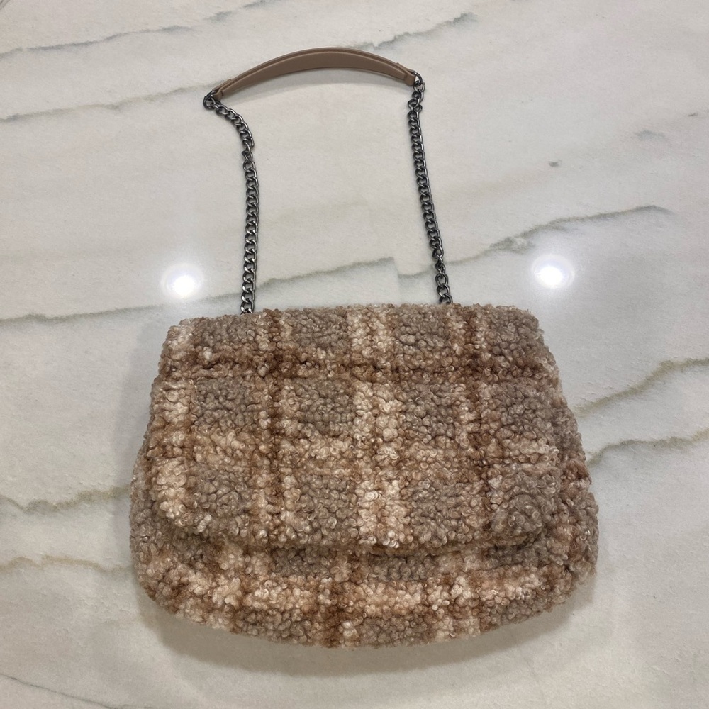 Zara Faux Fur Crossbody Flap Bag Pink Cream Tan Plaid Chain strap